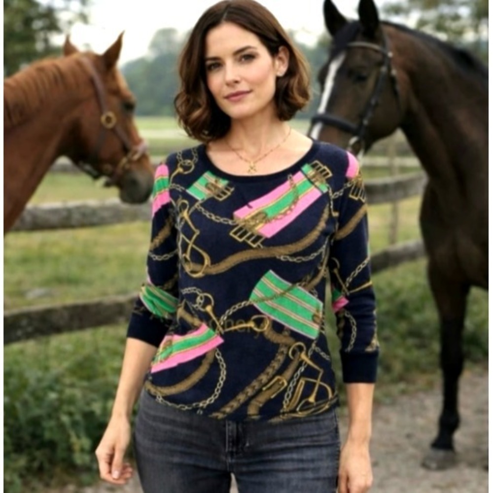 LRL Ralph Lauren Waffle Knit Crew Neck Top Large Horse Bit Bridle Equestrian